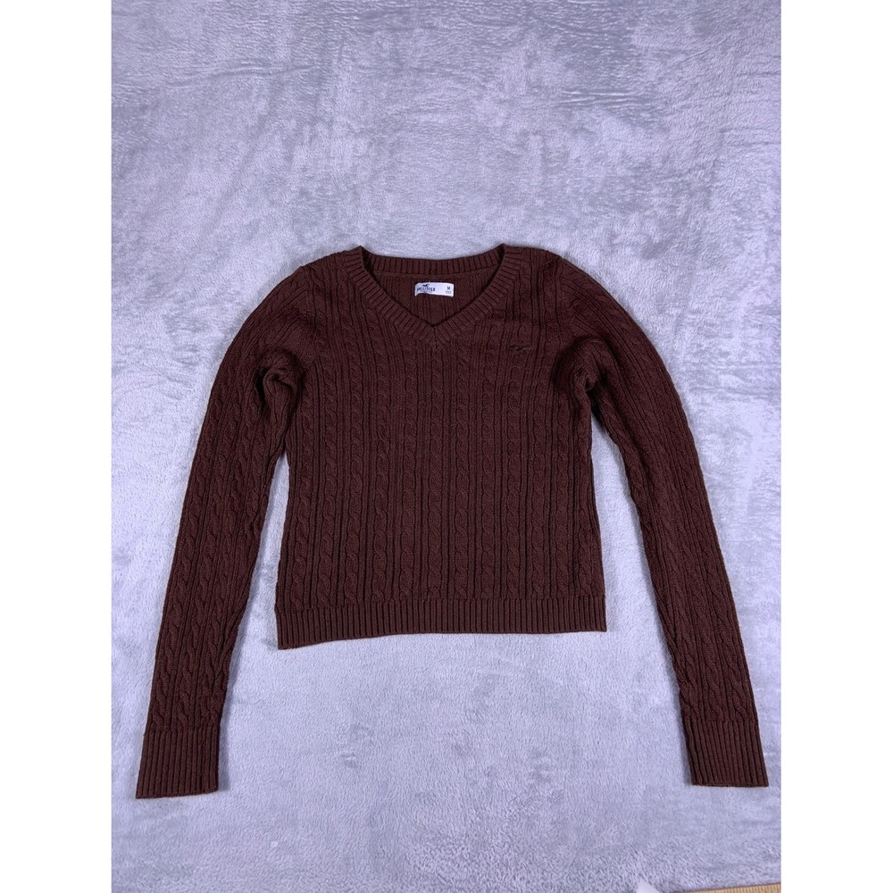 Hollister V-Neck Cable Sweater Womens M Brown Long Sleeve Embroidered Logo